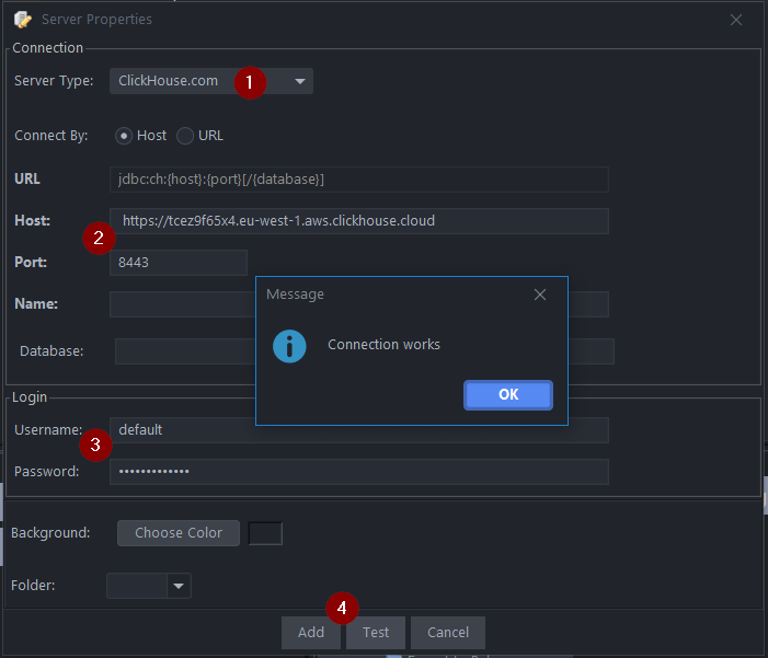Окно настройки подключения к базе данных QStudio с параметрами подключения к ClickHouse
