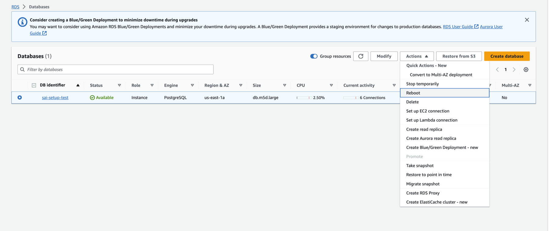 Перезапуск RDS Postgres